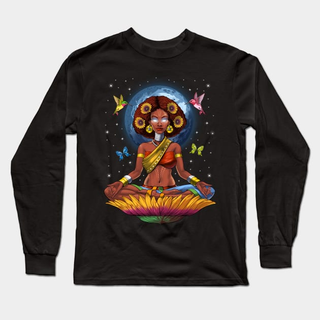 African Woman Hippie Yoga Long Sleeve T-Shirt by underheaven